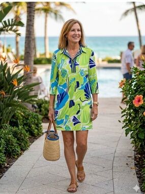 Gretchen Scott Designs Everywhere Plume Blue Green Tropical Dress Womens Medium